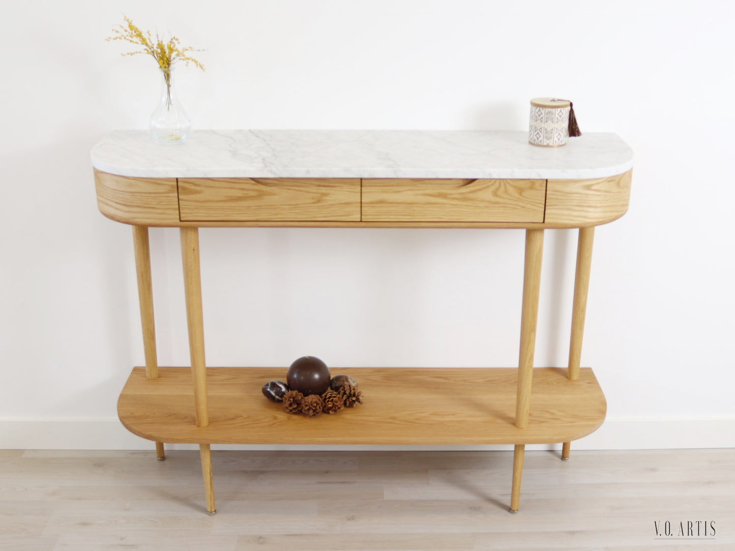 Console Table with 2 drawers, shelf and 4 Legs in solid American Oak with Marble top