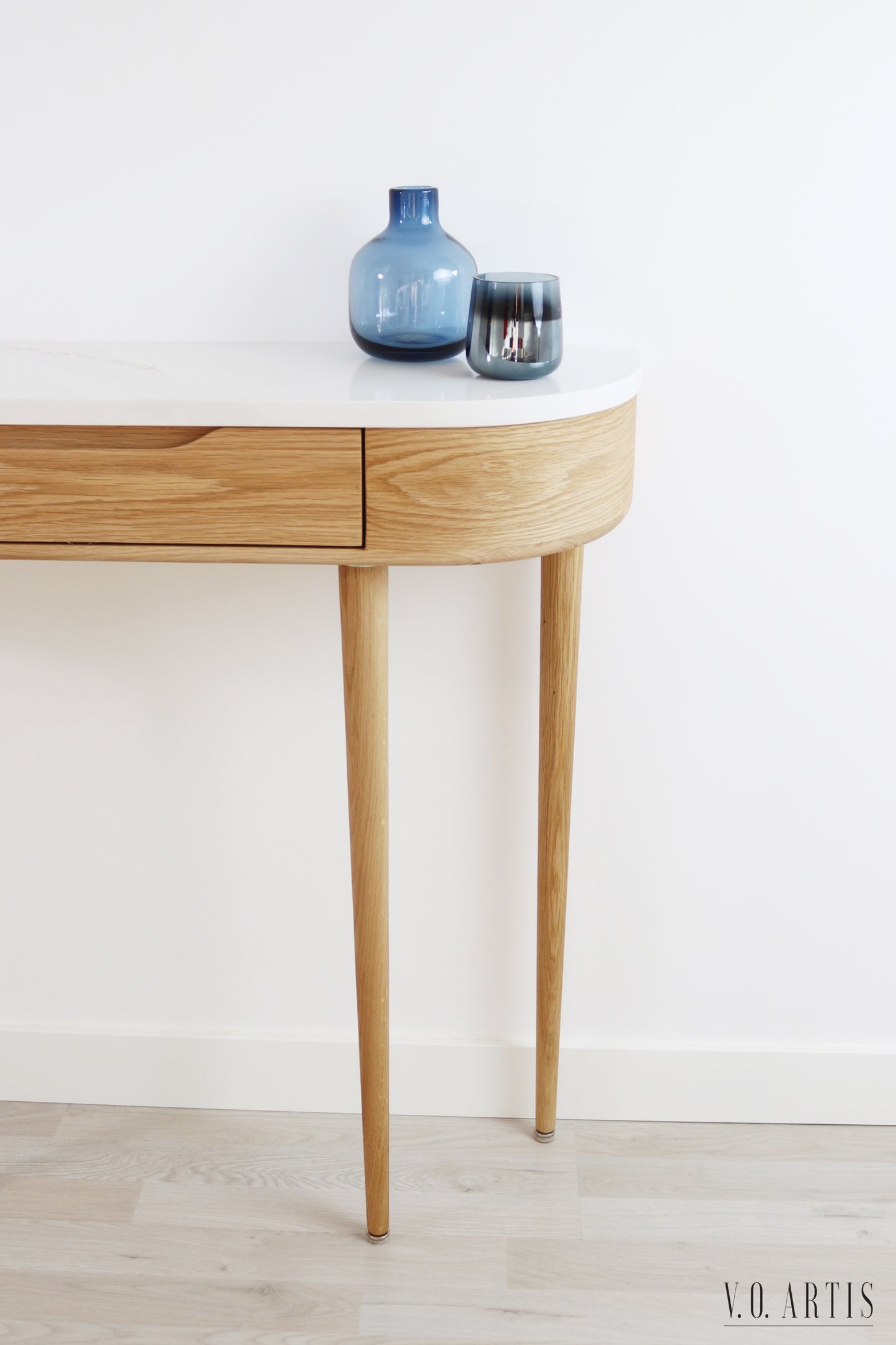 Console Hall Table with 1 drawer and 4 Legs in solid American Oak with Marble top