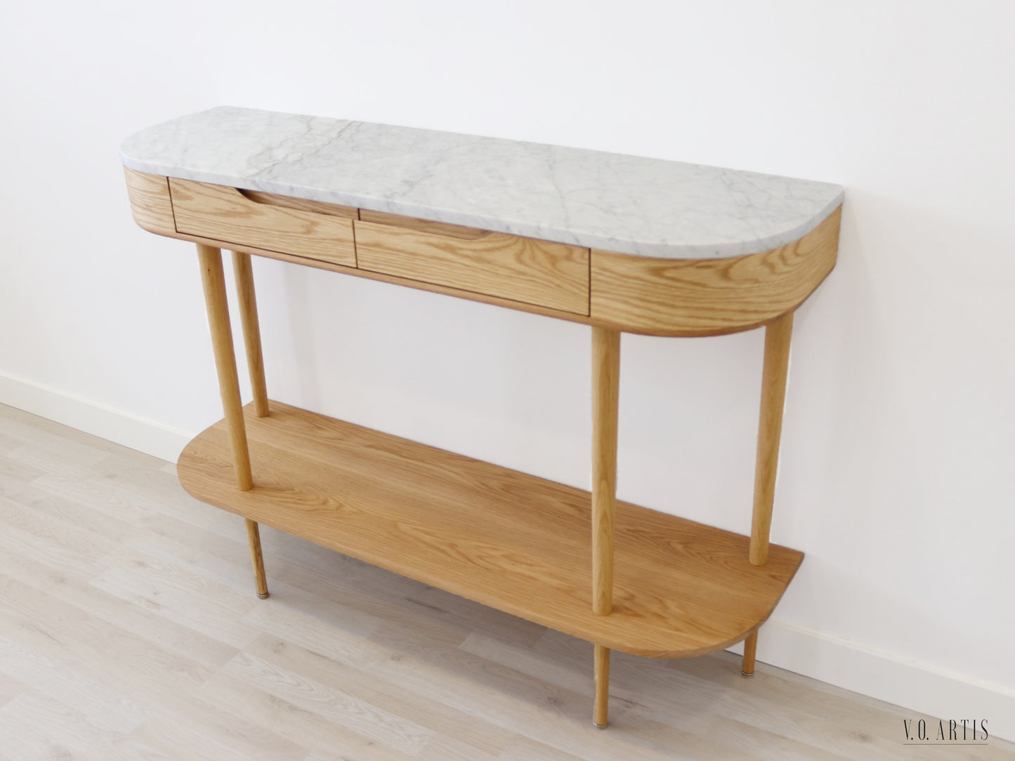 Console Table with 2 drawers, shelf and 4 Legs in solid American Oak with Marble top