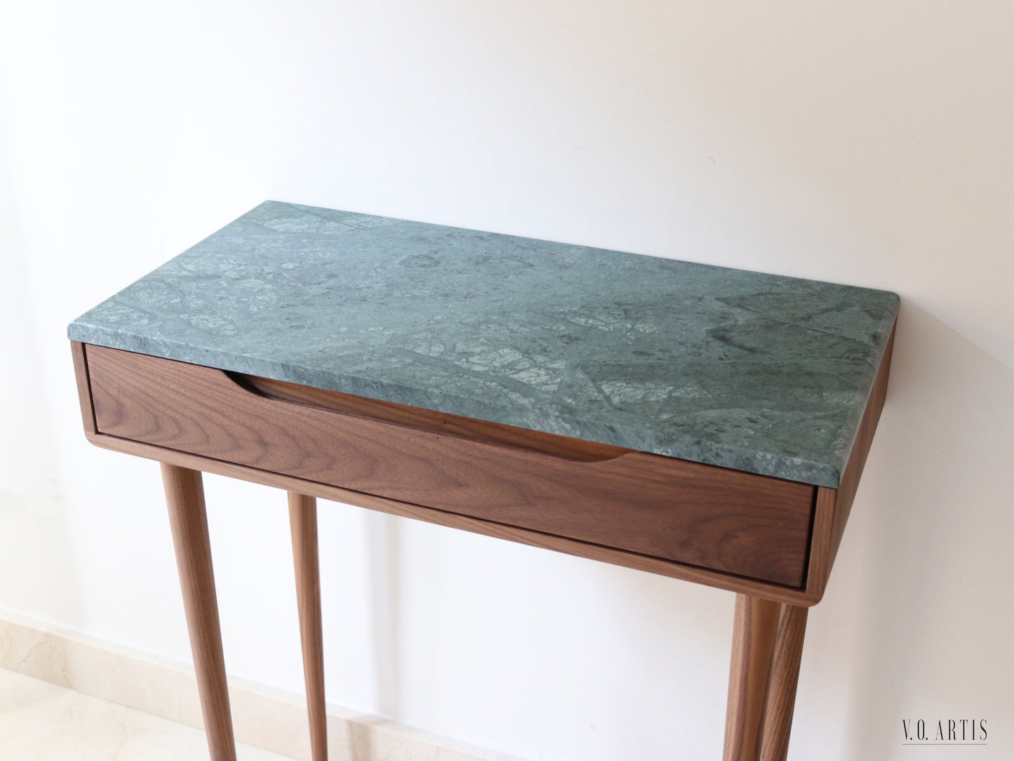 Midcentury console table with 1 drawer and 4 Legs in solid american Walnut with Marble top