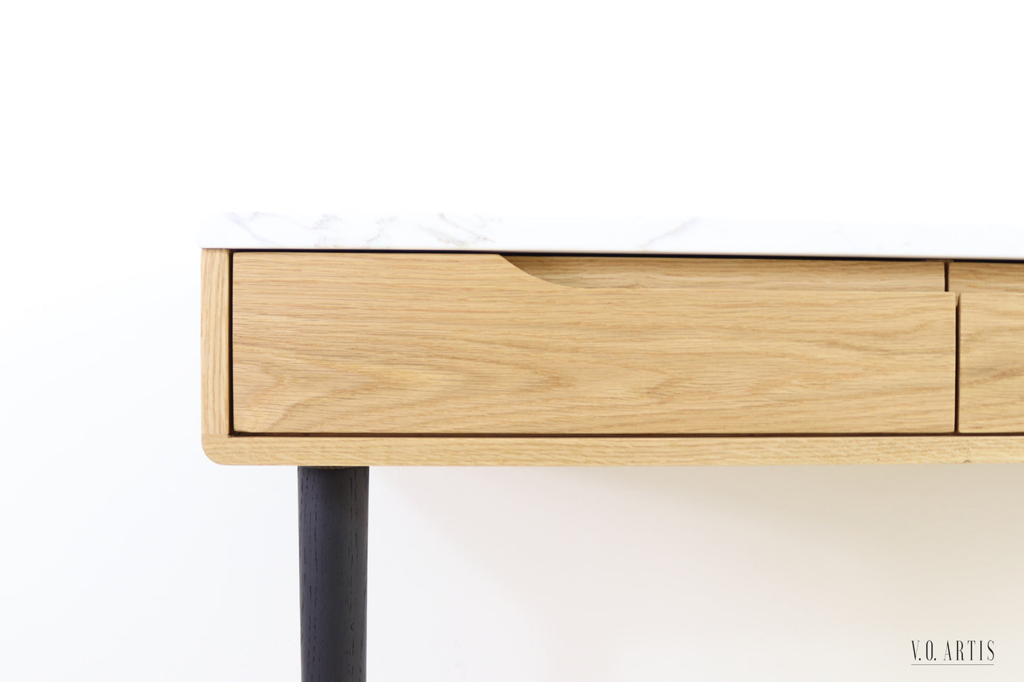 Console table with 3 drawers in solid American Oak with marble top . Entry table with drawers