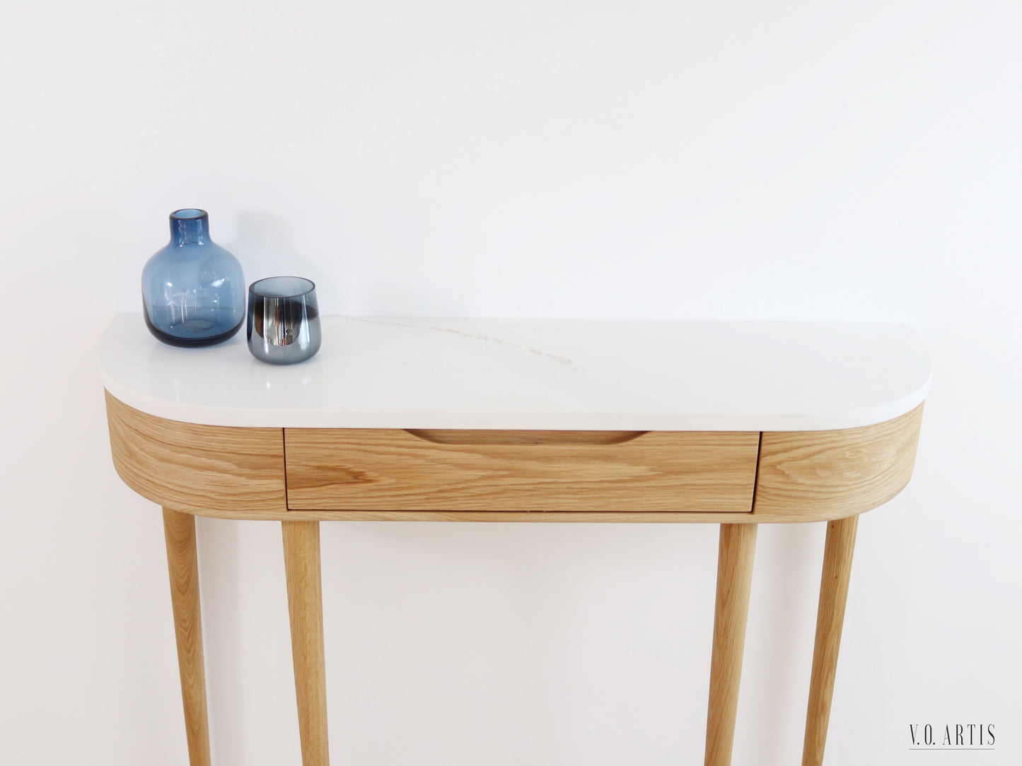 Console Hall Table with 1 drawer and 4 Legs in solid American Oak with Marble top