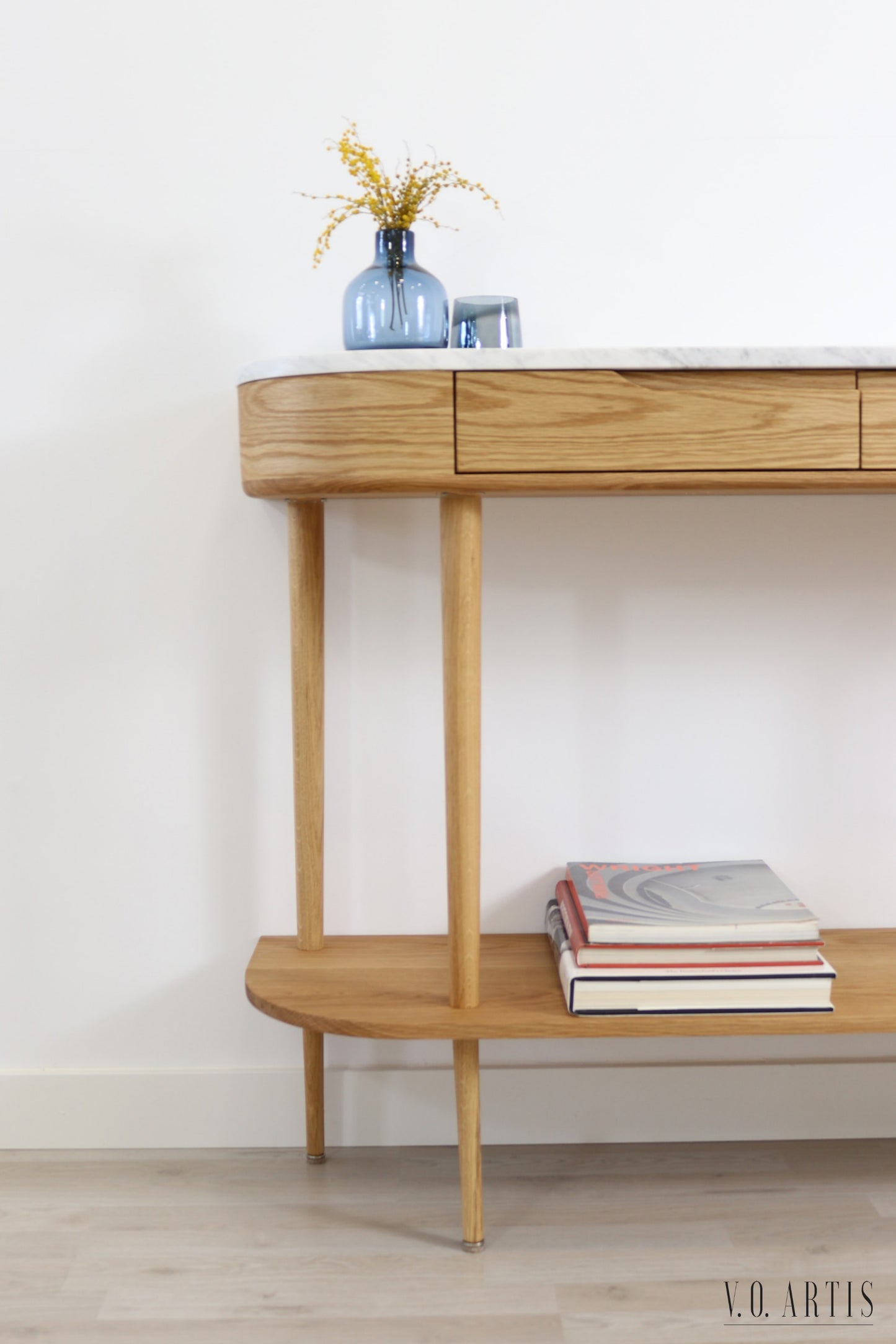 Console Table with 2 drawers, shelf and 4 Legs in solid American Oak with Marble top