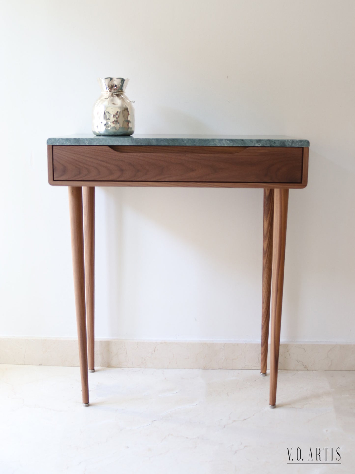 Midcentury console table with 1 drawer and 4 Legs in solid american Walnut with Marble top