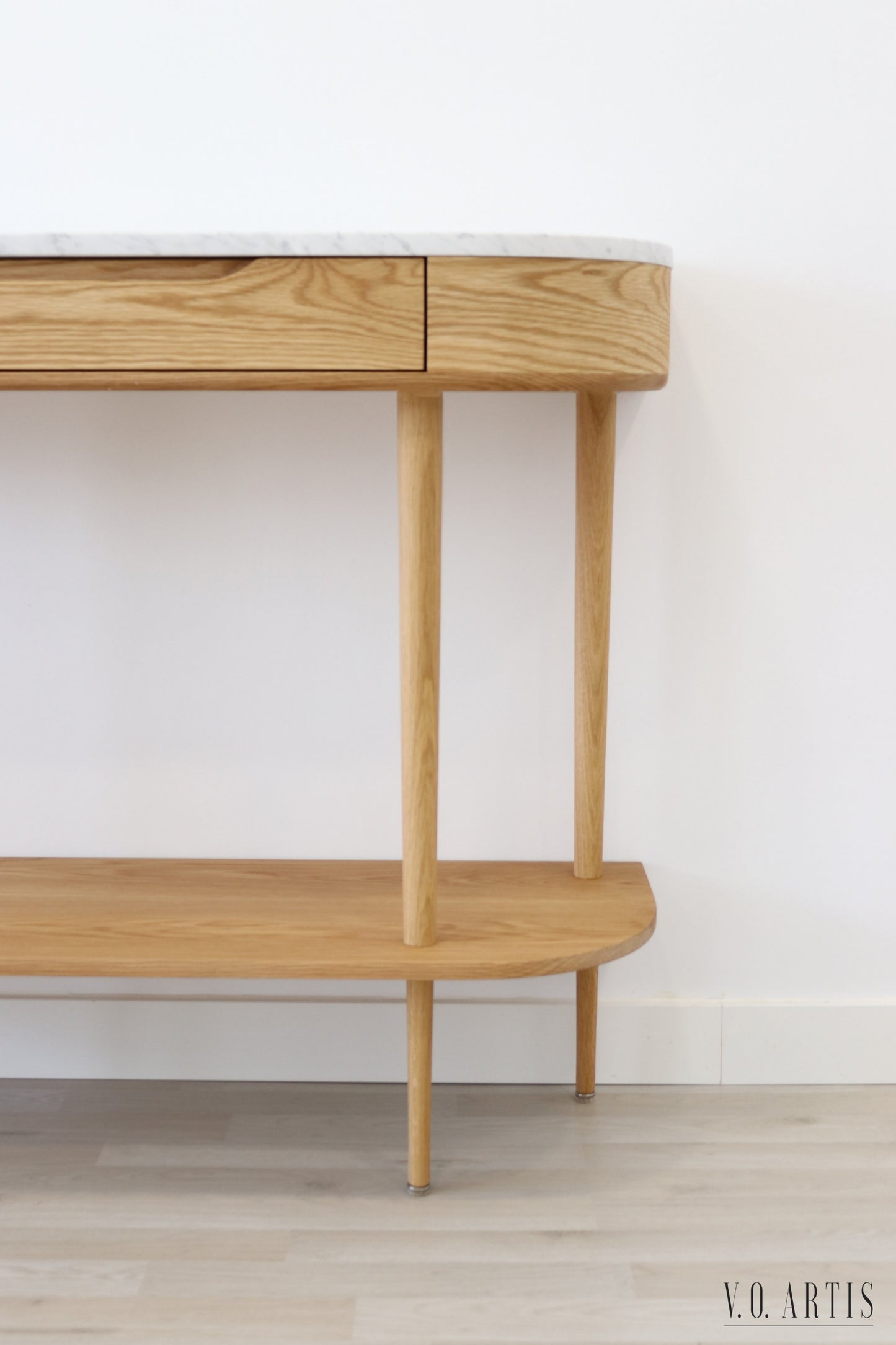 Console Table with 2 drawers, shelf and 4 Legs in solid American Oak with Marble top