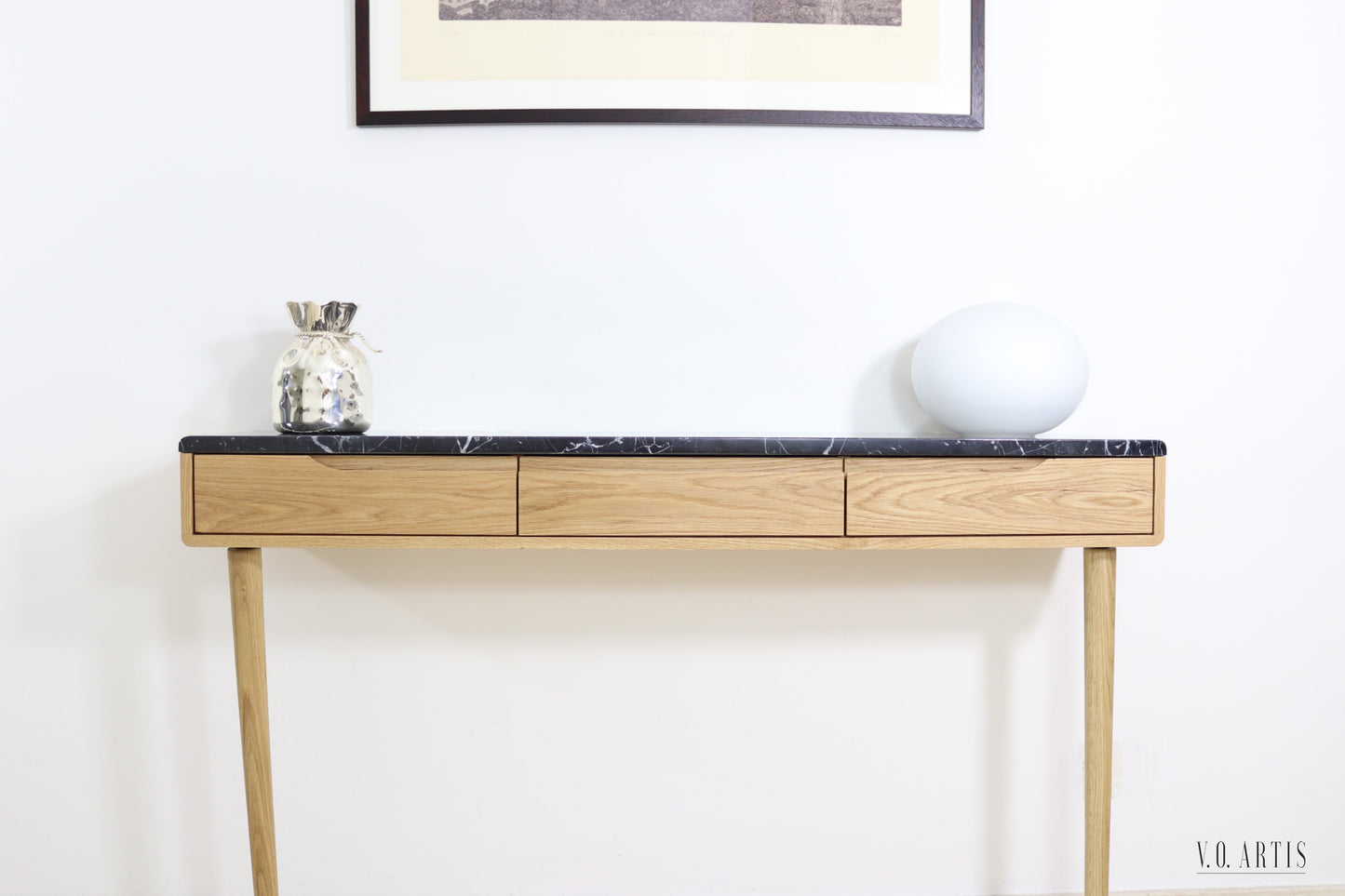 Console table with 3 drawers in solid American Oak with marble top . Entry table with drawers