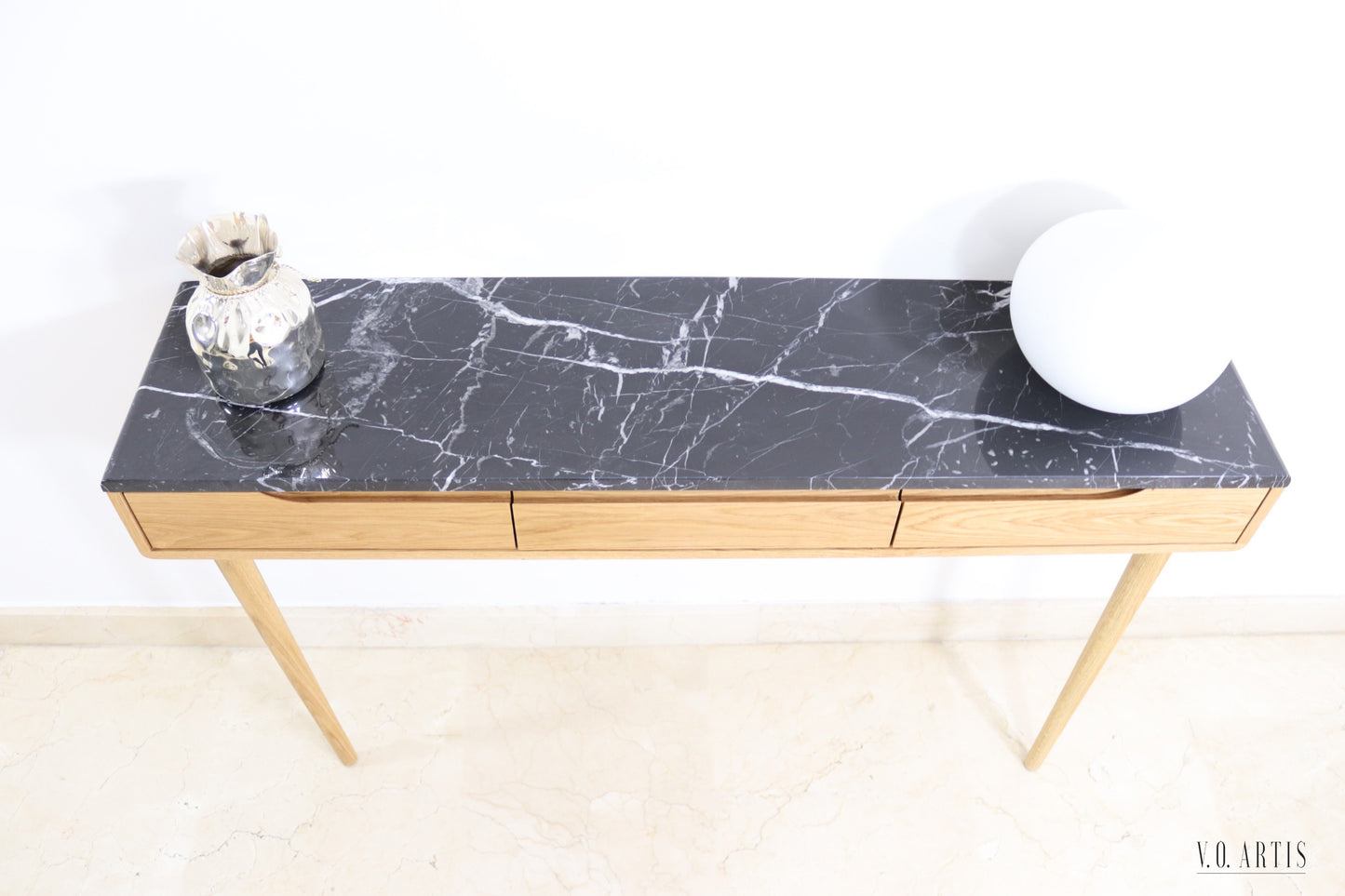 Console table with 3 drawers in solid American Oak with marble top . Entry table with drawers