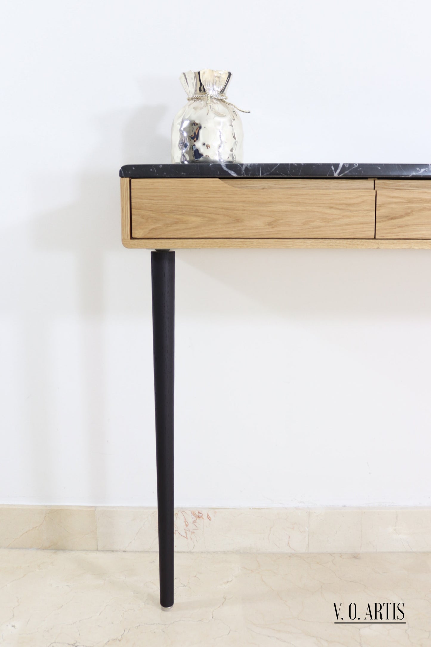 Console table with 3 drawers in solid American Oak with marble top . Entry table with drawers