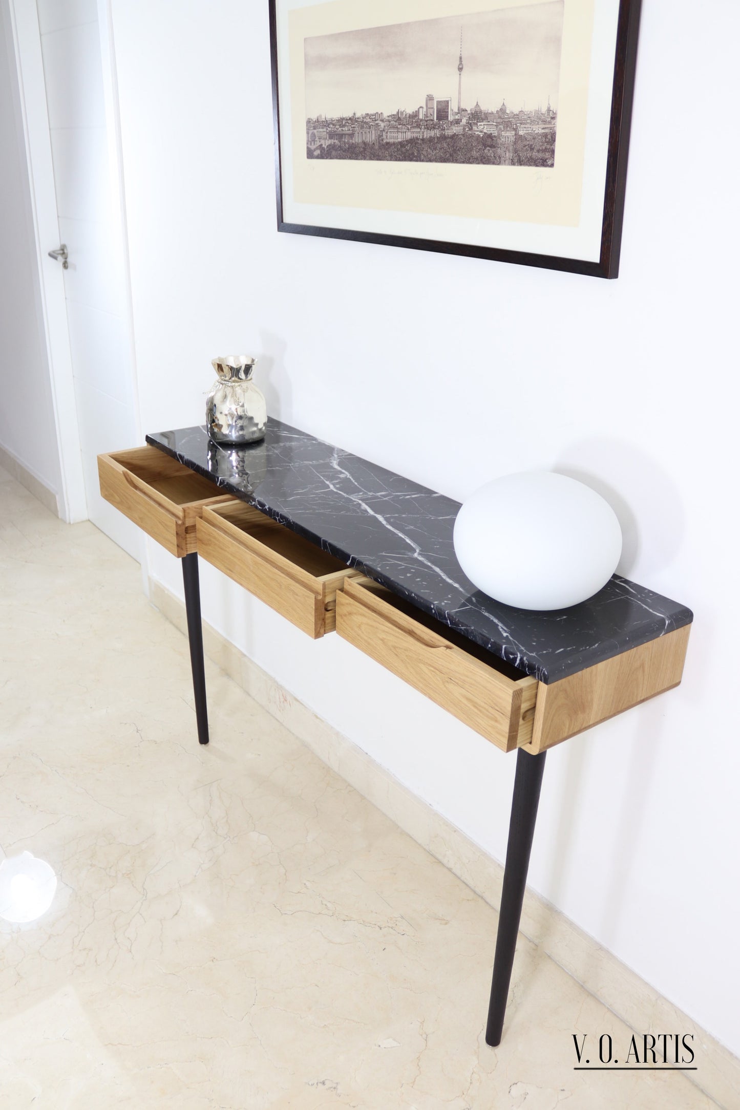 Console table with 3 drawers in solid American Oak with marble top . Entry table with drawers