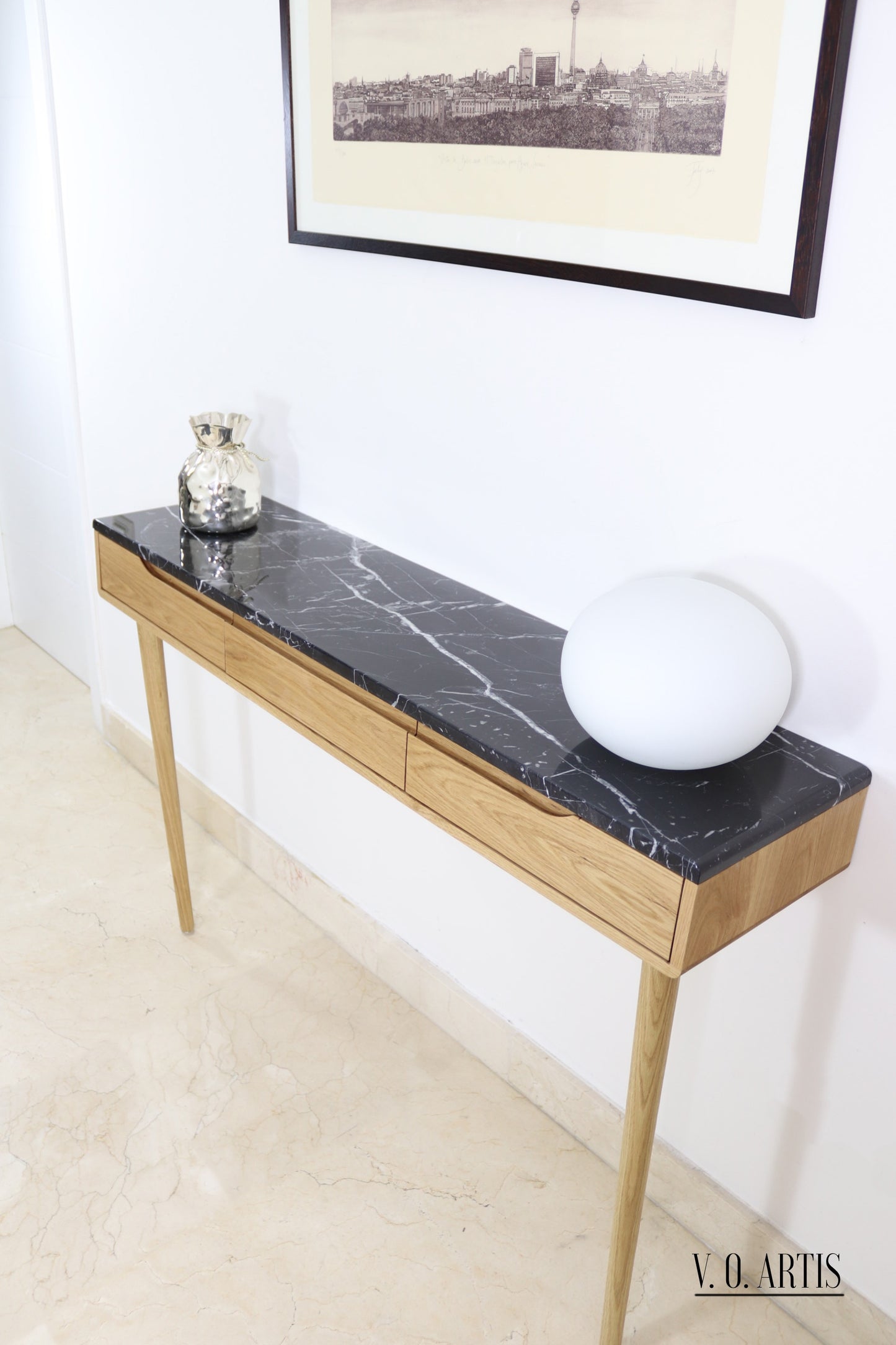 Console table with 3 drawers in solid American Oak with marble top . Entry table with drawers