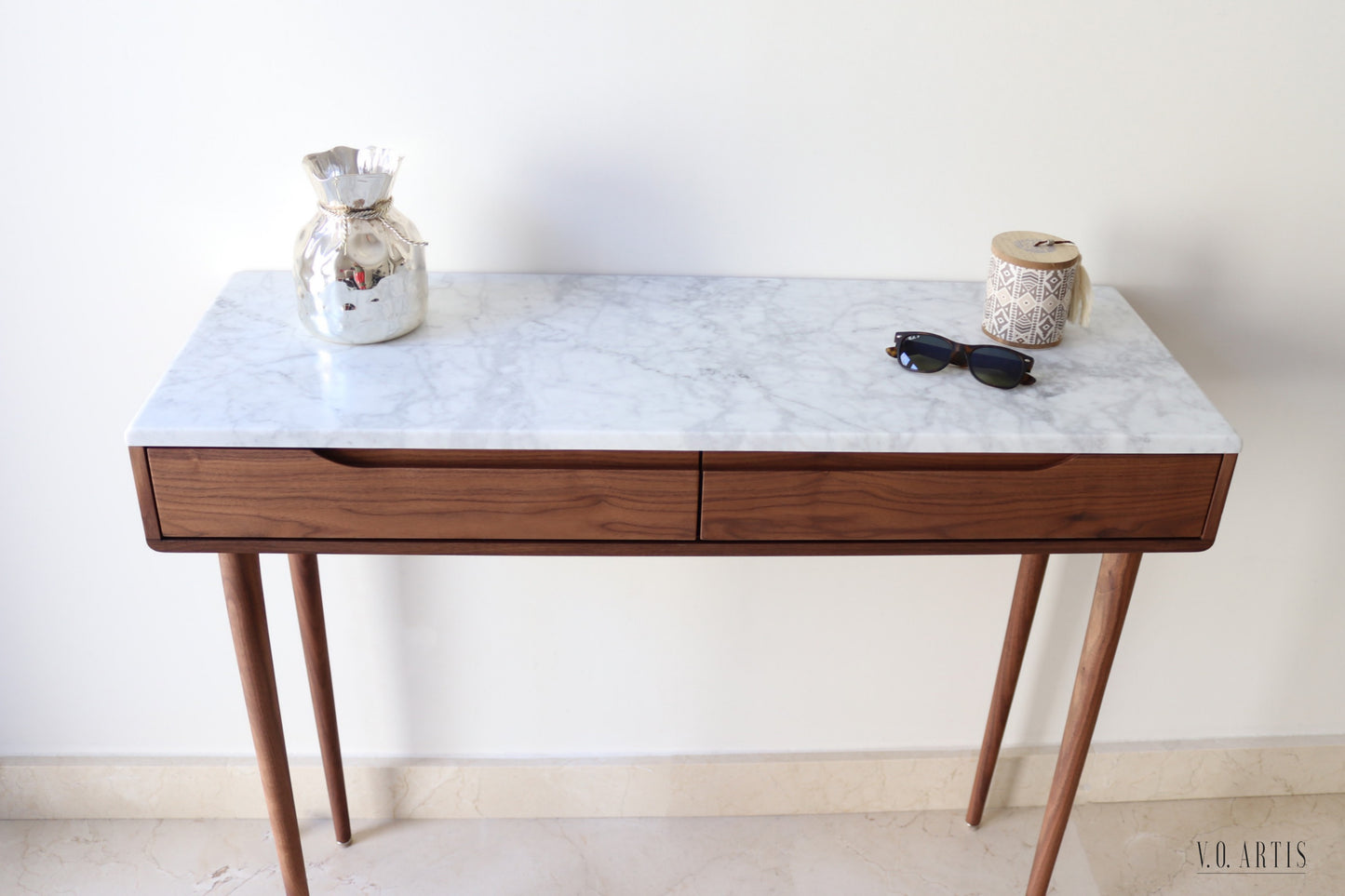 Console Table with 2 drawers and 4 legs in solid american Walnut our Oak with marble top