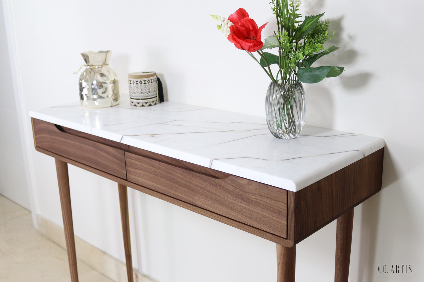 Console Table with 2 drawers and 4 legs in solid american Walnut our Oak with marble top