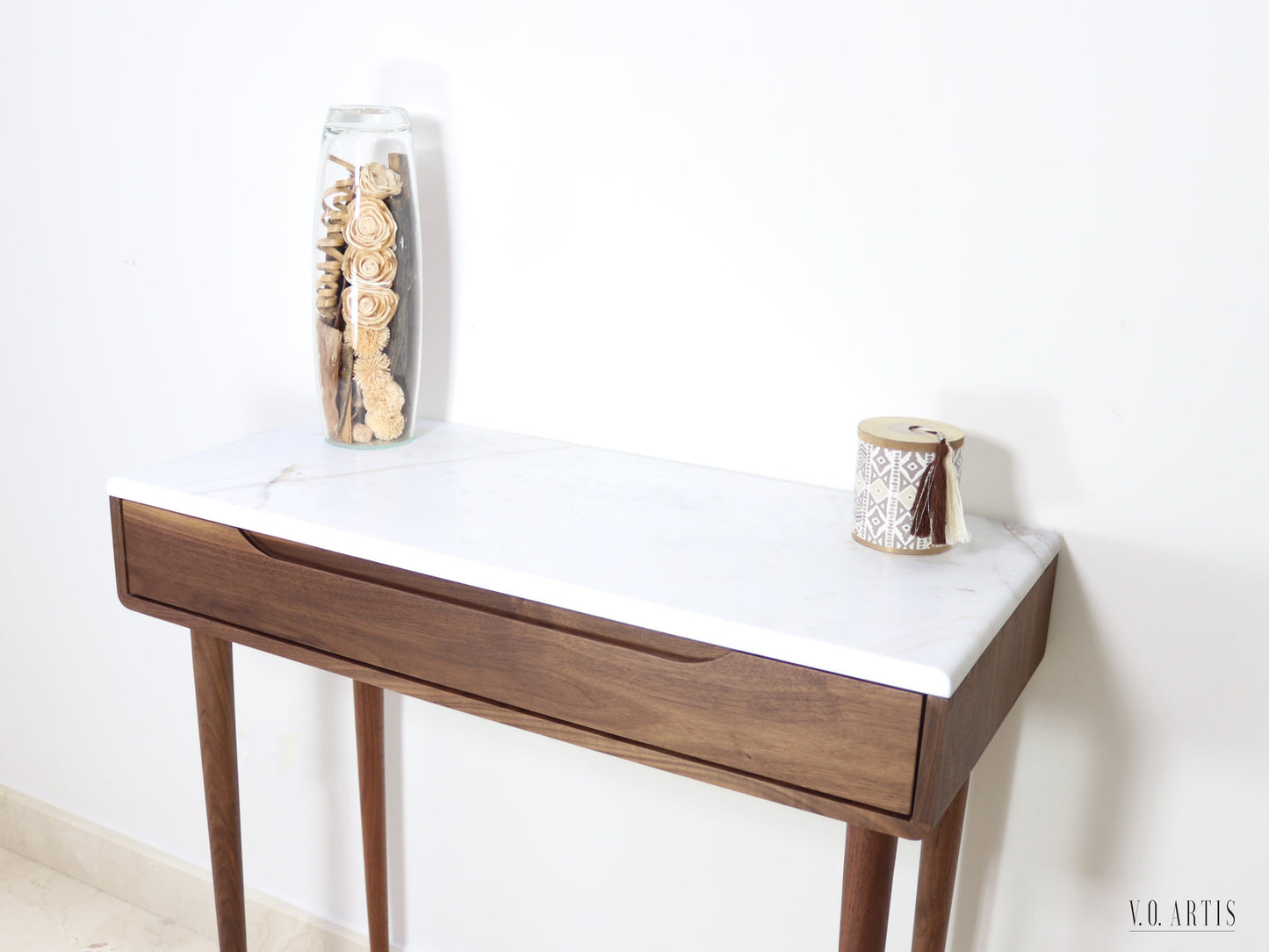 Midcentury console table with 1 drawer and 4 Legs in solid american Walnut with Marble top