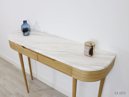 Console Table, entryway furniture with 2 drawers and 4 Legs in solid American Oak with Marble top