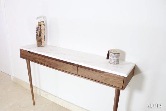 Console table with drawers in solid American walnut and marble top. Entry table with drawers