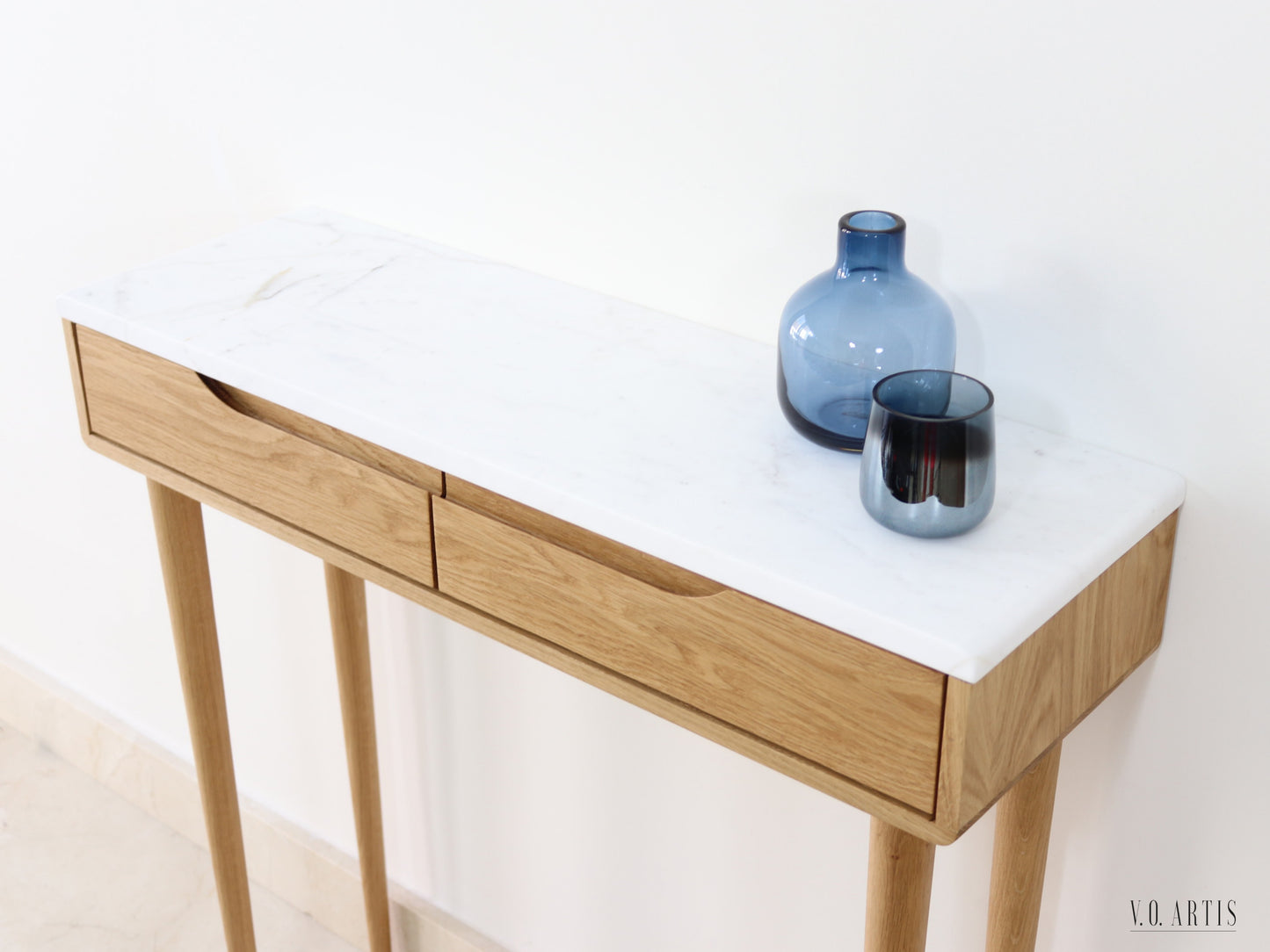 Console Table with 2 drawers and 4 legs in solid american Walnut our Oak with marble top