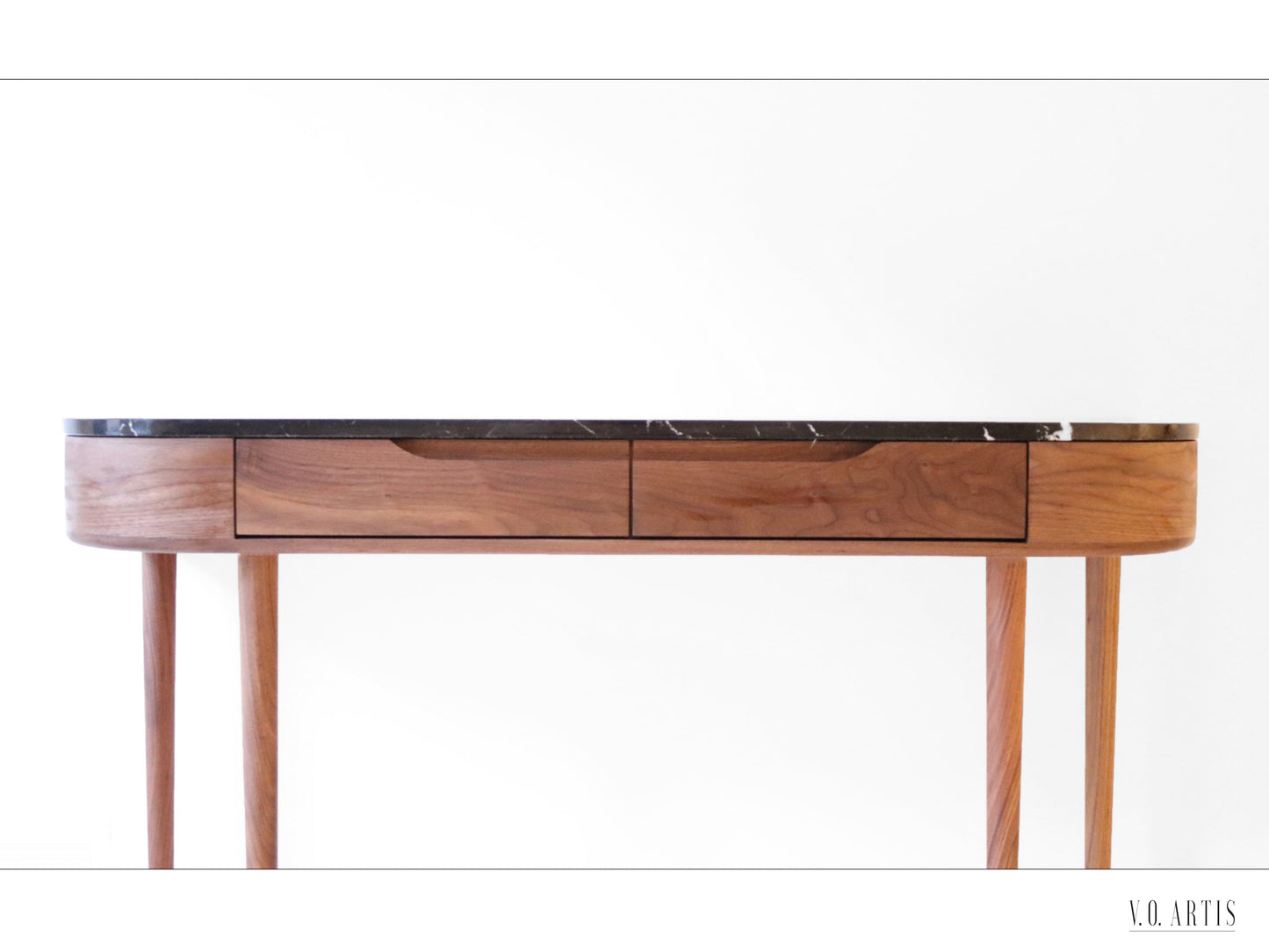 Console Hall Table with 2 drawers and 4 Legs in solid American Walnut with Marble top