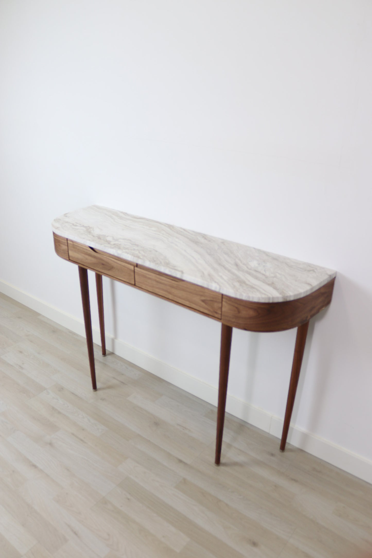 Console Hall Table with 2 drawers and 4 Legs in solid American Walnut with Marble top