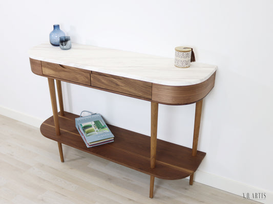 Console Table with 2 drawers, shelf and 4 Legs in solid American Walnut with Marble top