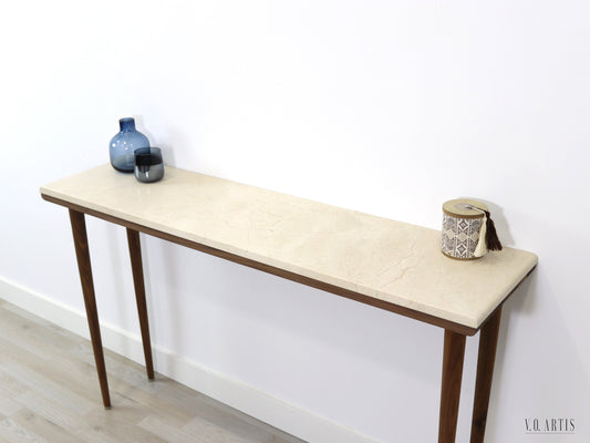 Narrow console table with 4 Legs in solid American Walnut and Marble top