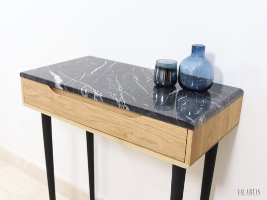 Midcentury console table with 1 drawer and 4 Legs in solid american Oak with Marble top