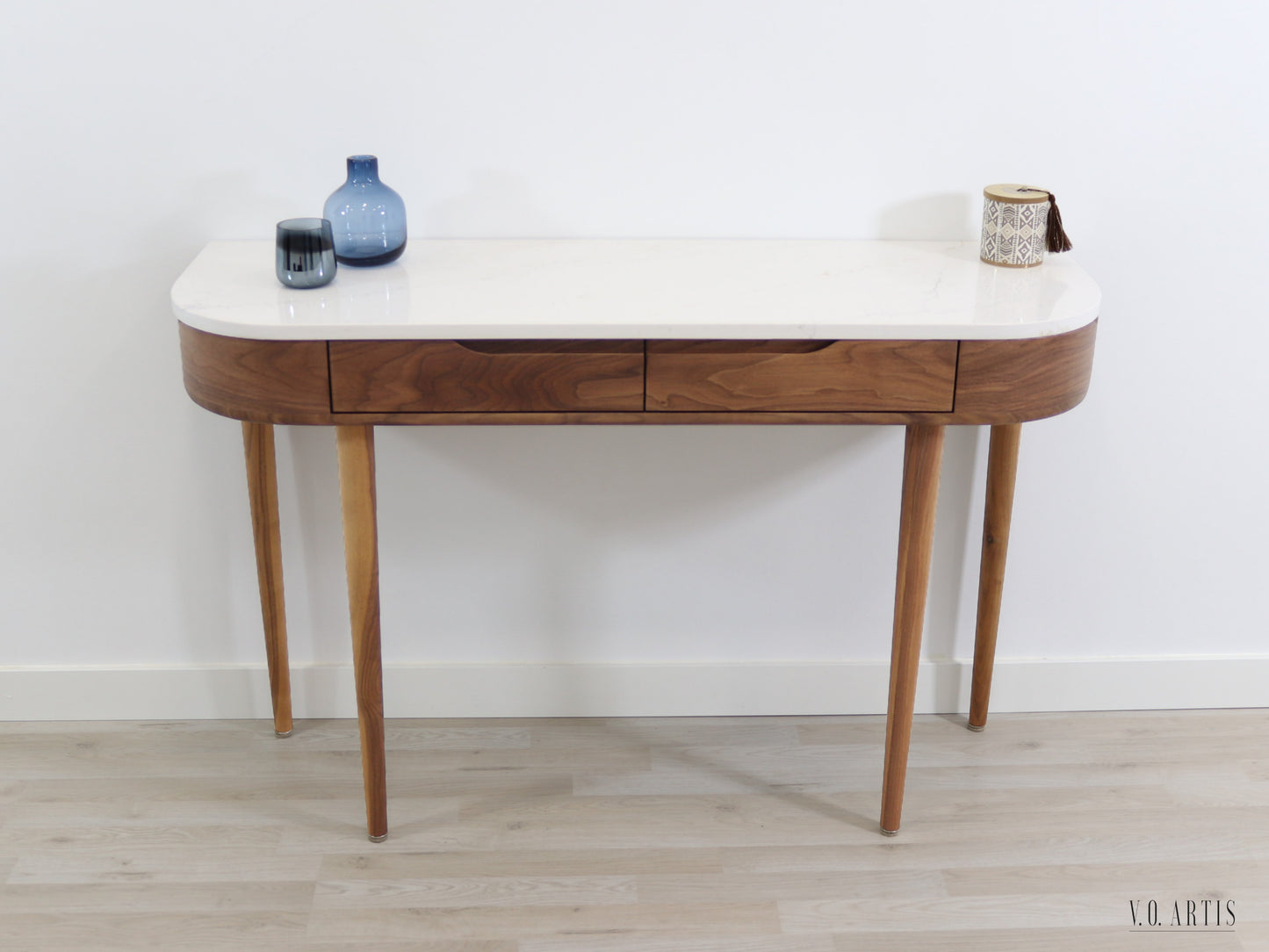 Console Hall Table with 2 drawers and 4 Legs in solid American Walnut with Marble top