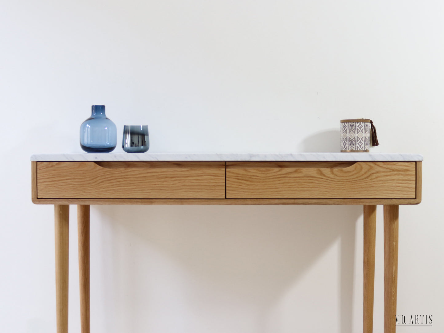 Console Table with 2 drawers and 4 legs in solid american Walnut our Oak with marble top