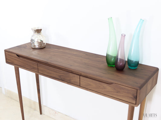 Console table with 3 drawers and 4 Legs in solid American Oak or Walnut