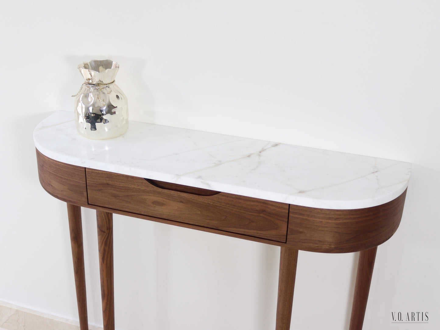 Entryway Console Table with 1 drawer and 4 Legs in solid American Walnut with Marble top