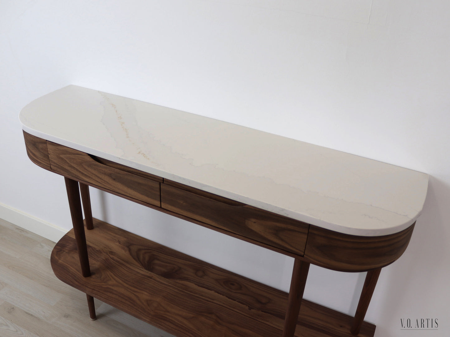 Console Table with 2 drawers, shelf and 4 Legs in solid American Walnut with Marble top