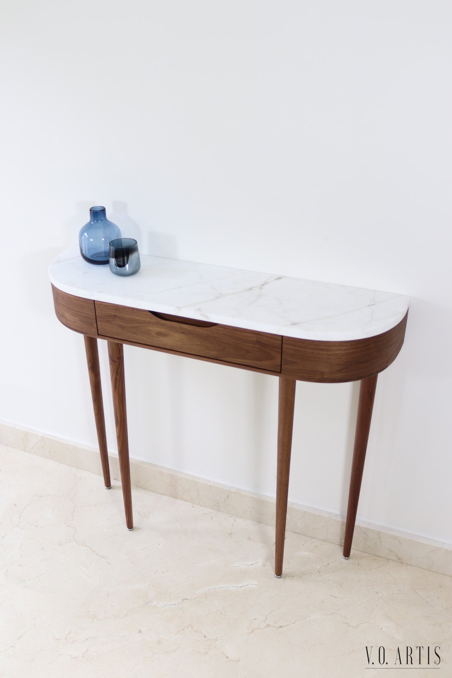 Entryway Console Table with 1 drawer and 4 Legs in solid American Walnut with Marble top