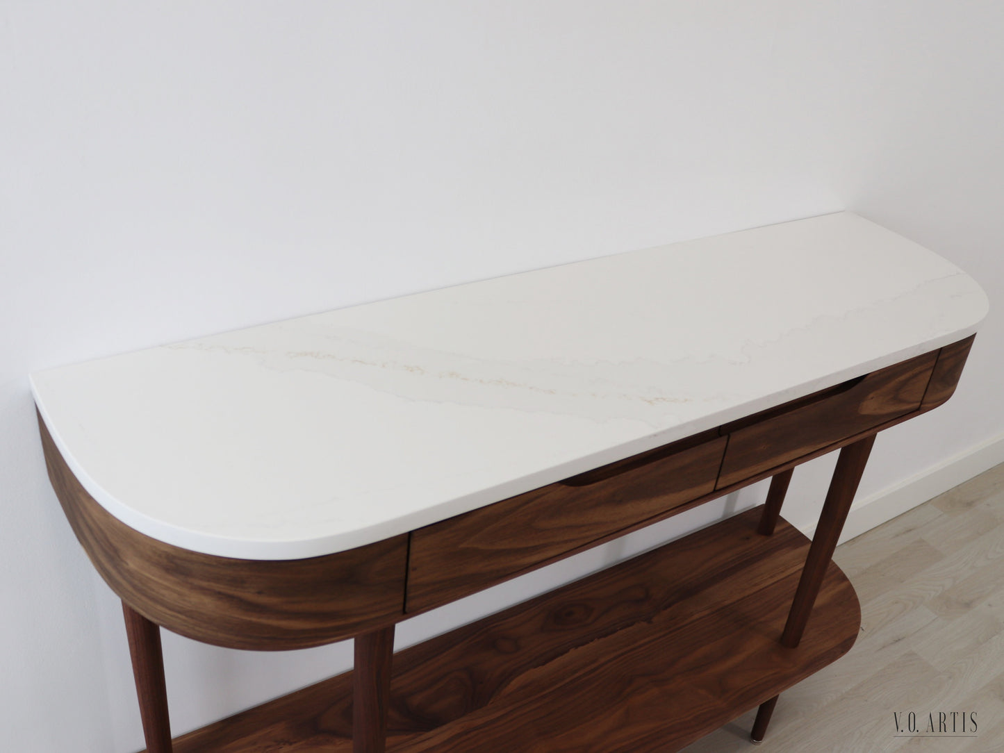 Console Table with 2 drawers, shelf and 4 Legs in solid American Walnut with Marble top