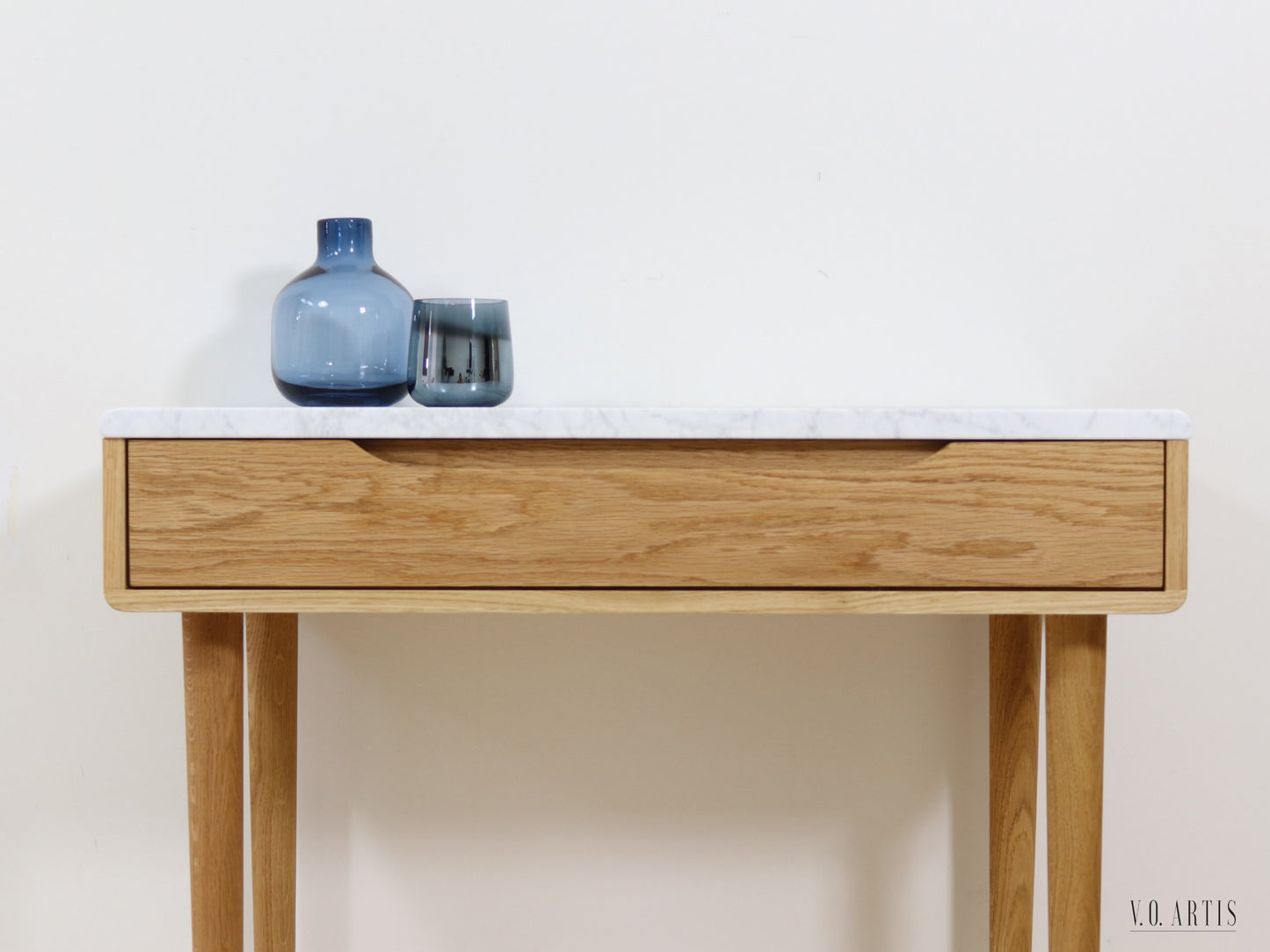 Midcentury console table with 1 drawer and 4 Legs in solid american Oak with Marble top