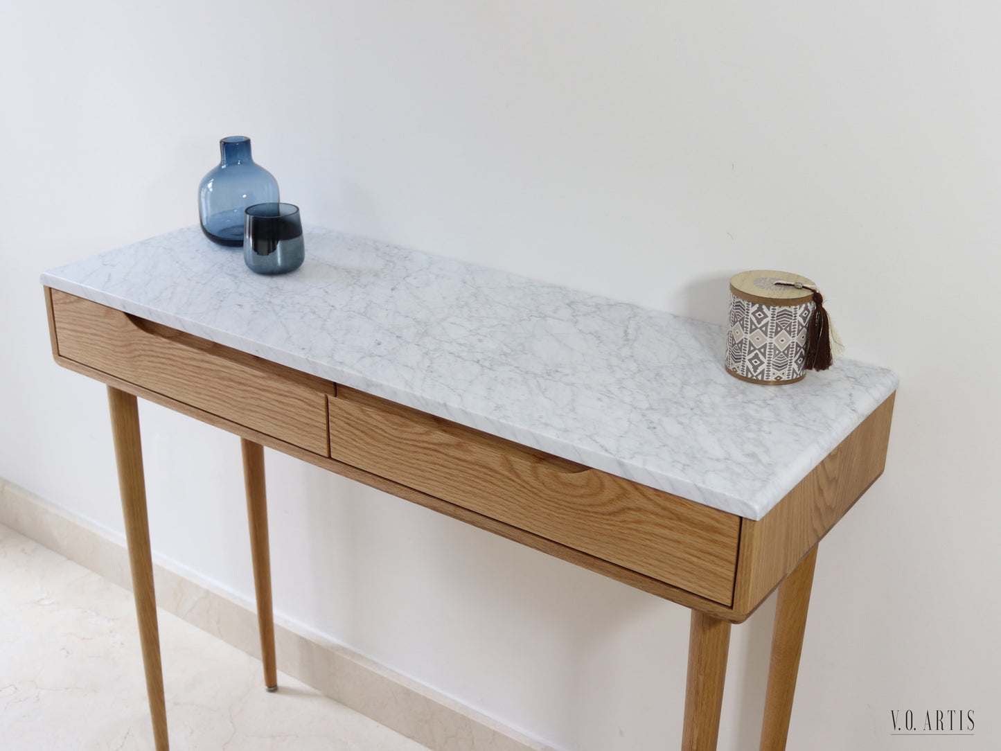 Console Table with 2 drawers and 4 legs in solid american Walnut our Oak with marble top