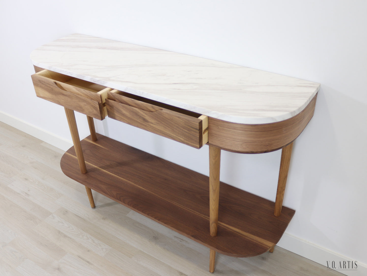 Console Table with 2 drawers, shelf and 4 Legs in solid American Walnut with Marble top