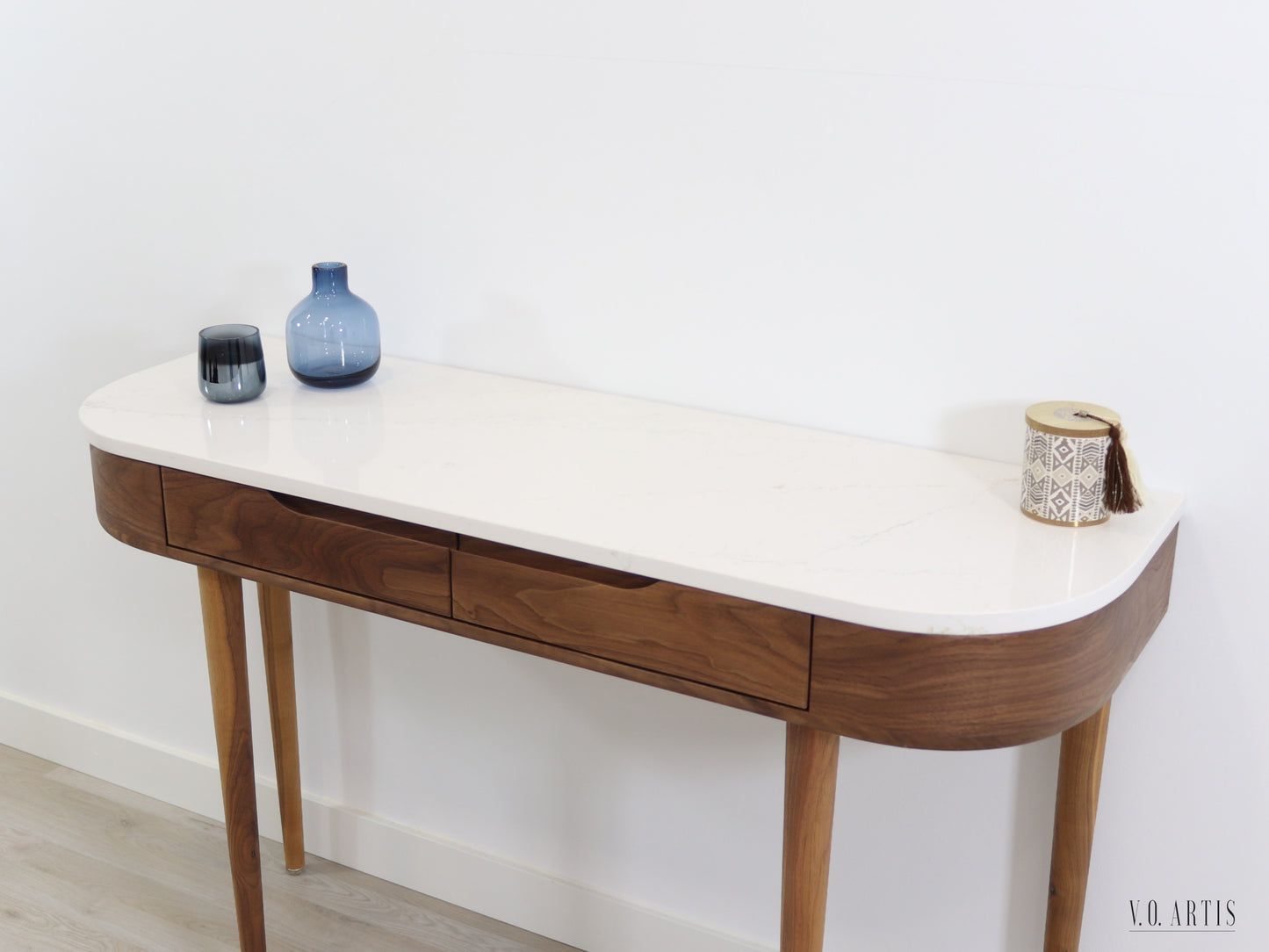 Console Hall Table with 2 drawers and 4 Legs in solid American Walnut with Marble top