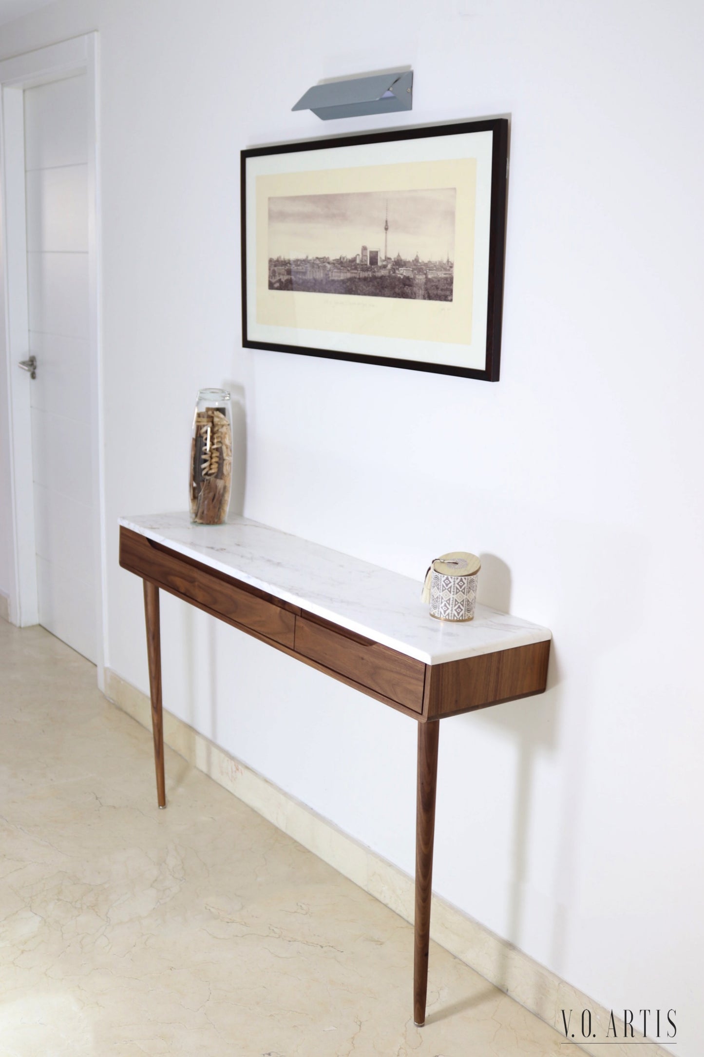 Console table with drawers in solid American walnut and marble top. Entry table with drawers