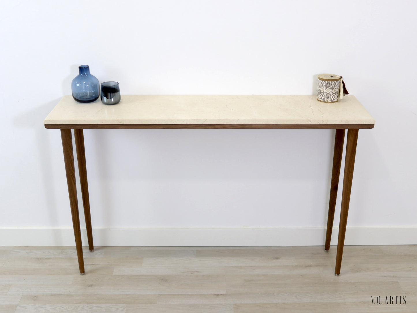 Narrow console table with 4 Legs in solid American Walnut and Marble top