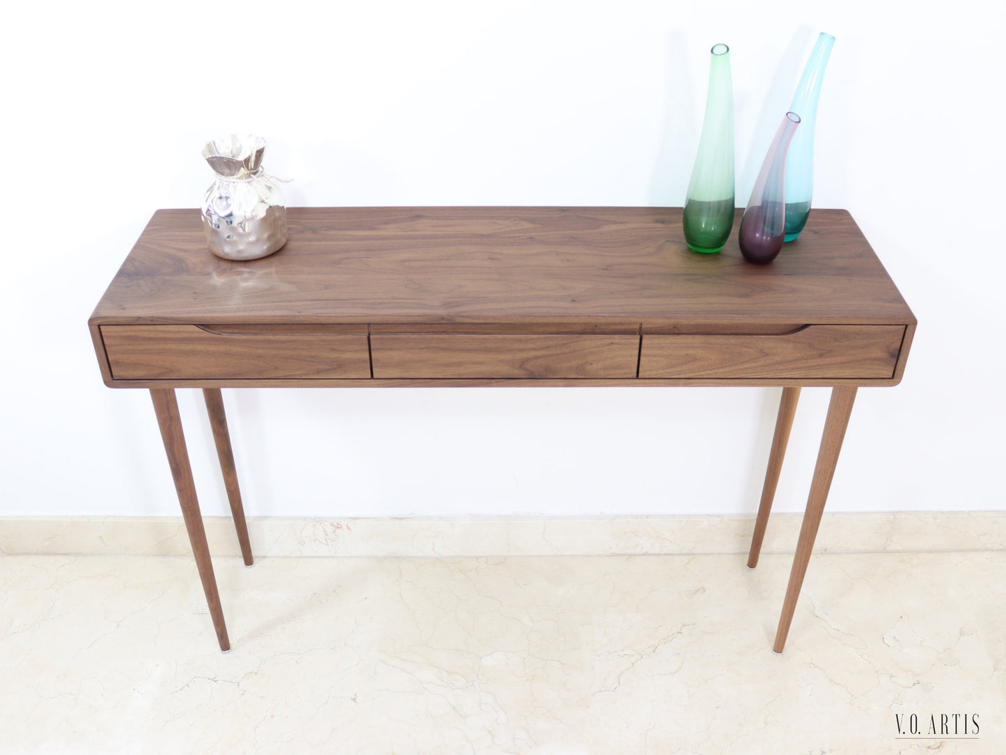 Console table with 3 drawers and 4 Legs in solid American Oak or Walnut