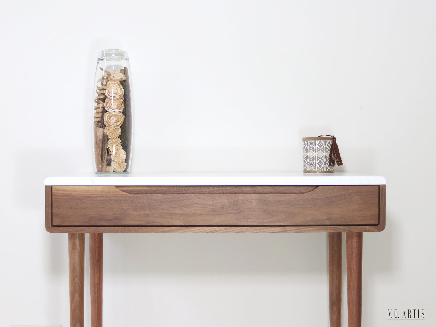 Midcentury console table with 1 drawer and 4 Legs in solid american Walnut with Marble top