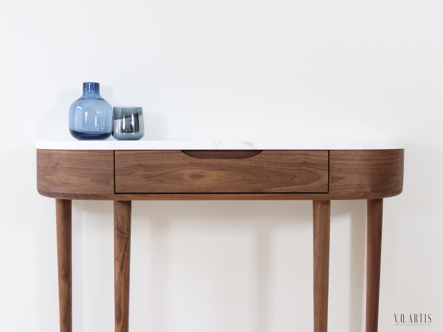 Entryway Console Table with 1 drawer and 4 Legs in solid American Walnut with Marble top