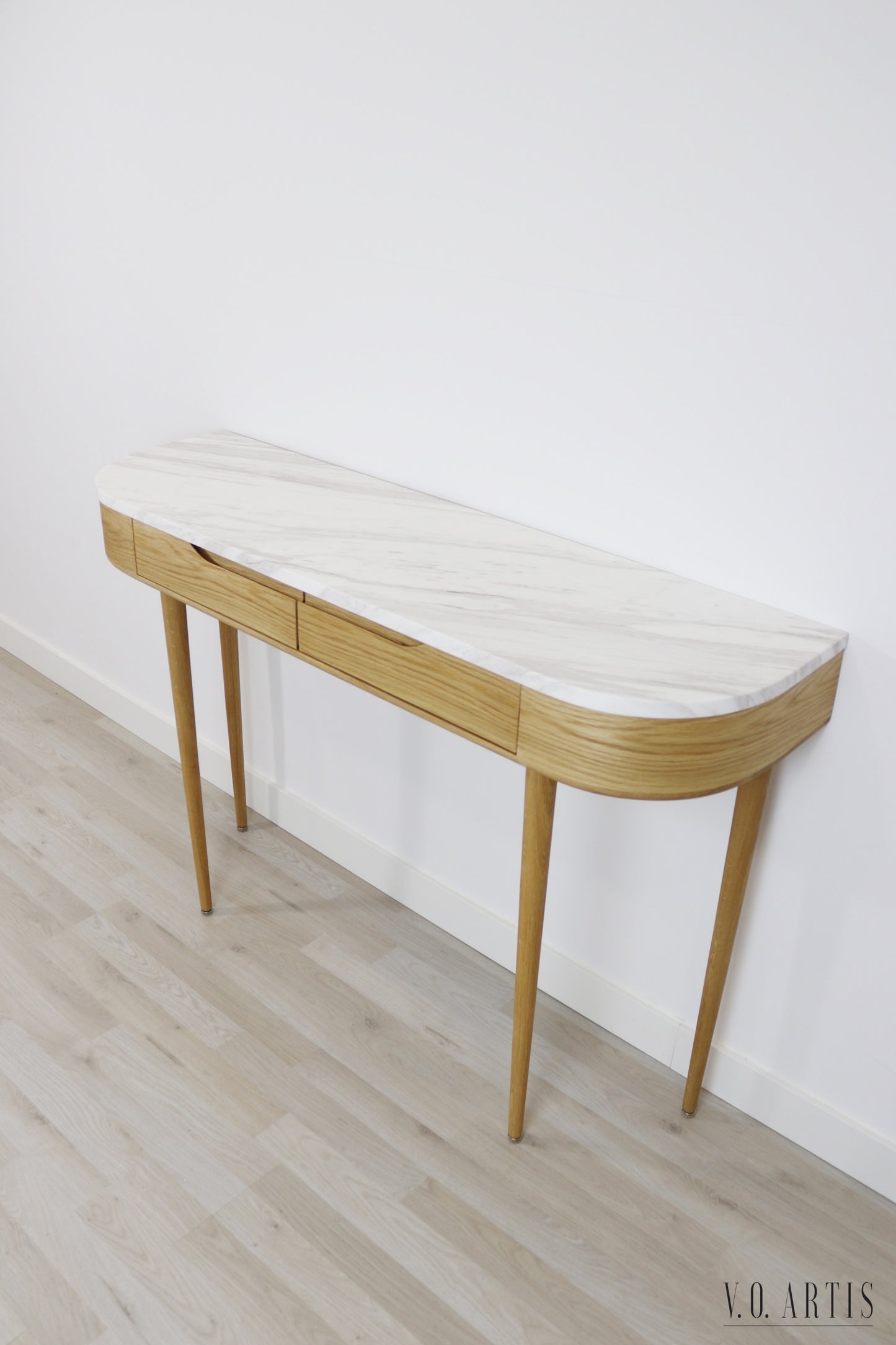 Console Table, entryway furniture with 2 drawers and 4 Legs in solid American Oak with Marble top