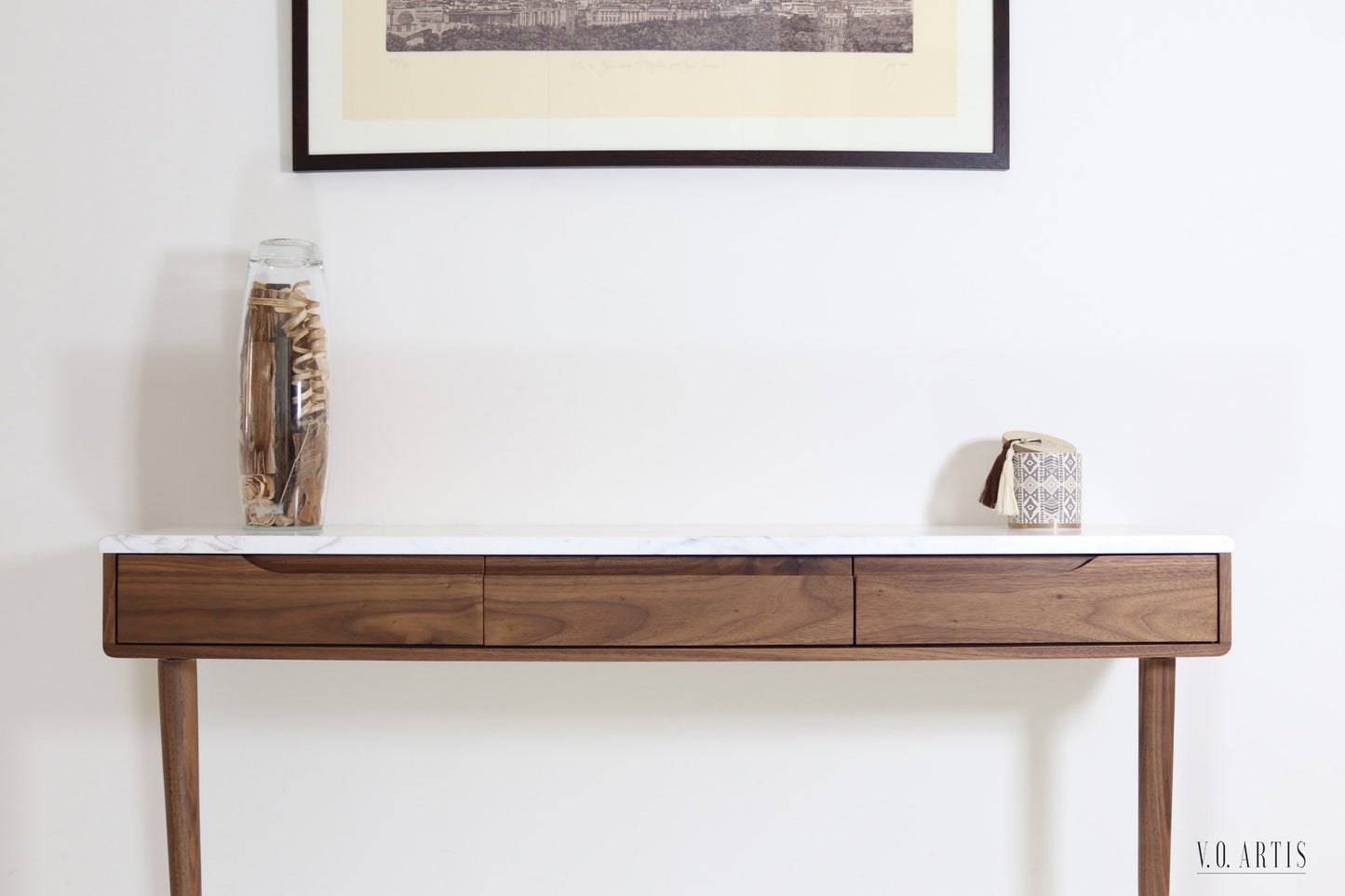 Console table with drawers in solid American walnut and marble top. Entry table with drawers