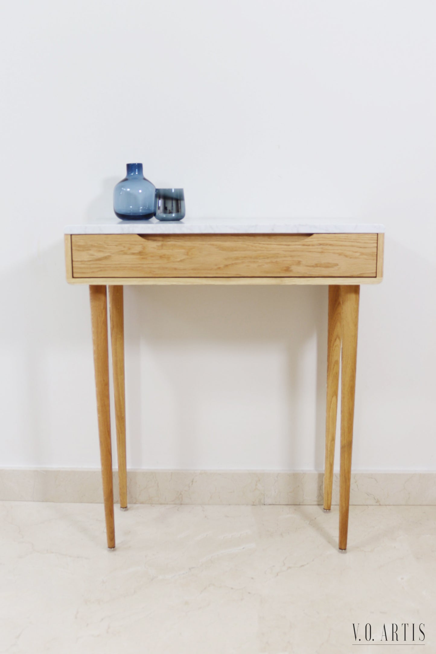 Midcentury console table with 1 drawer and 4 Legs in solid american Oak with Marble top