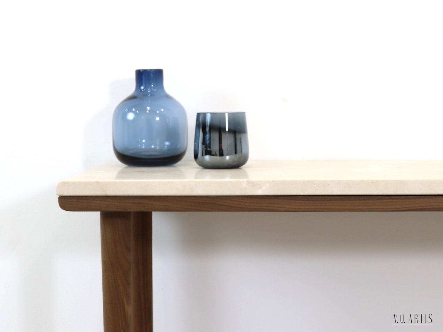 Narrow console table with 4 Legs in solid American Walnut and Marble top