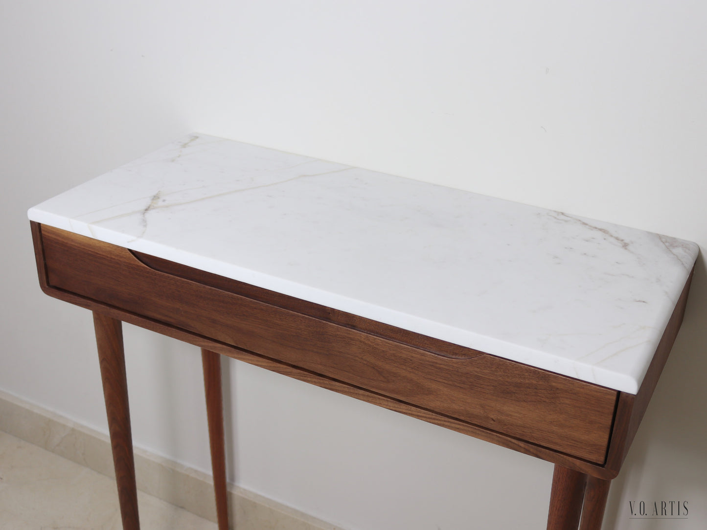 Midcentury console table with 1 drawer and 4 Legs in solid american Walnut with Marble top