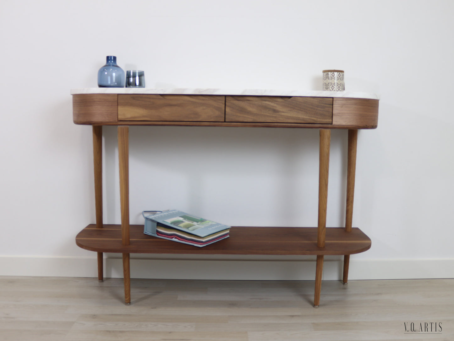 Console Table with 2 drawers, shelf and 4 Legs in solid American Walnut with Marble top