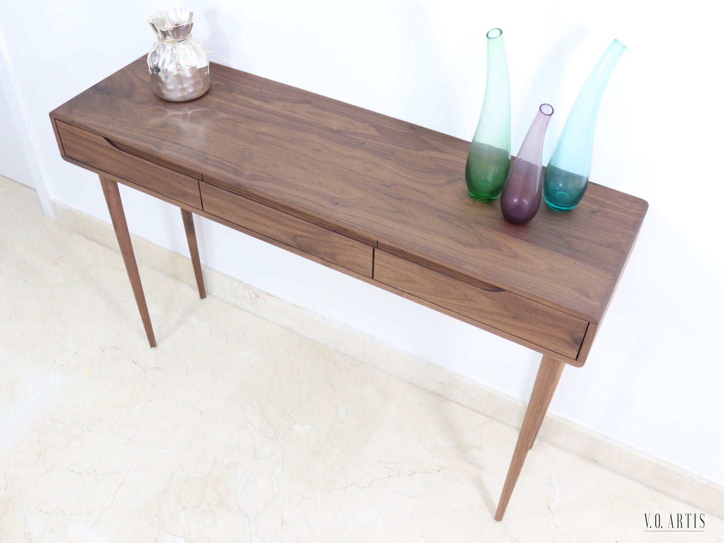 Console table with 3 drawers and 4 Legs in solid American Oak or Walnut