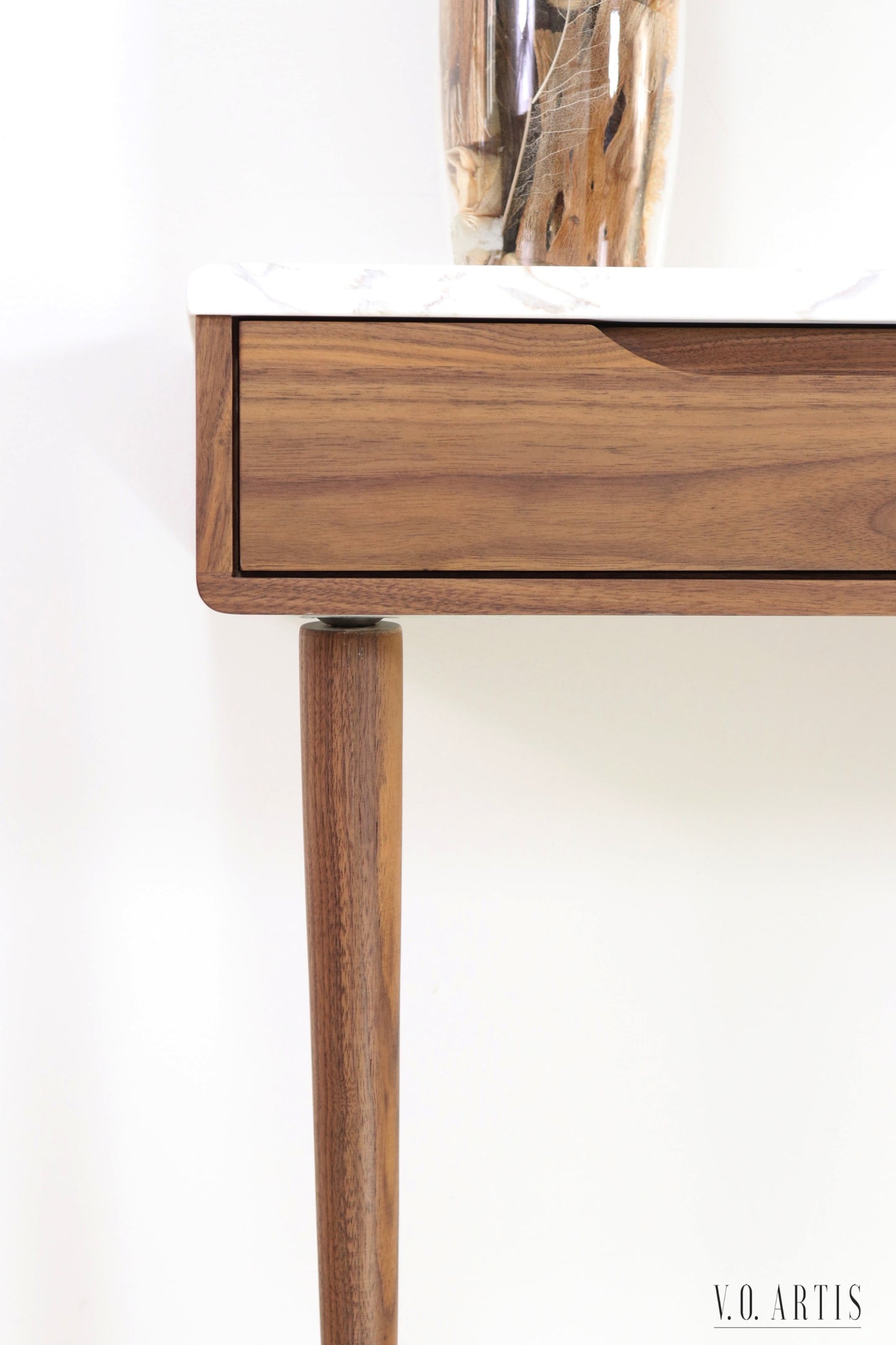 Console table with drawers in solid American walnut and marble top. Entry table with drawers