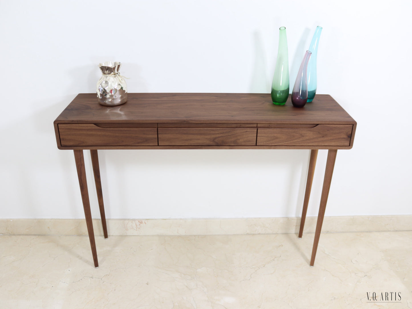 Console table with 3 drawers and 4 Legs in solid American Oak or Walnut